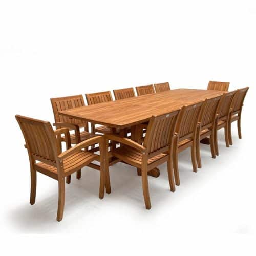 11 Pc Teak Outdoor Rectangular Double Extension Dining Set β Portland Table & Chamber Stacking Chairs | Seats 10