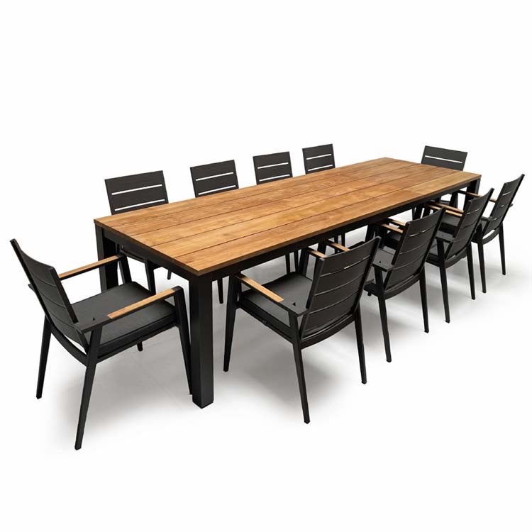 11pc Premium Teak Aluminum Frontslide Extensions Dining Set with stacking chairs- Piedra Keto