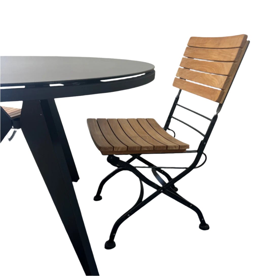 4 Pc Teak Round Outdoor Dining Set – Bree Table & Amber Folding Chairs | Warehouse Clearance