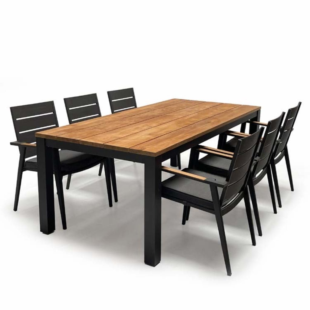 11pc Premium Teak Aluminum Frontslide Extensions Dining Set with stacking chairs- Piedra Keto