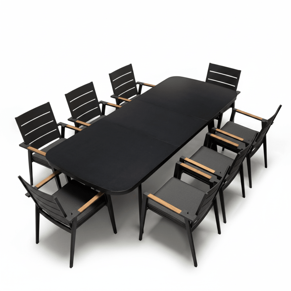 9 Pc Outdoor Metal Extension Dining Set – Asteroid Noir Frame & Keto Chairs