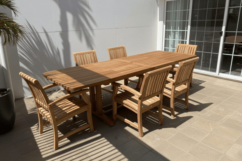 7pc Teak Outdoor Dining Set – Portland 95" Extension Table & Titan Arm Chairs