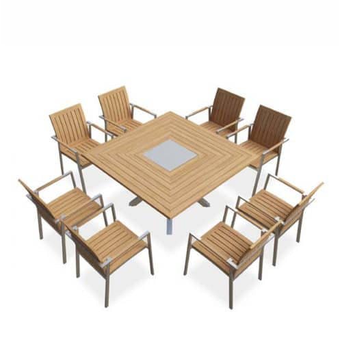 9 Pc Stainless Steel & Teak Square Dining Set – Signature Table & Alzette Stacking Chairs | Seats 8