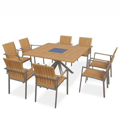 9 Pc Stainless Steel & Teak Square Dining Set – Signature Table & Alzette Stacking Chairs | Seats 8