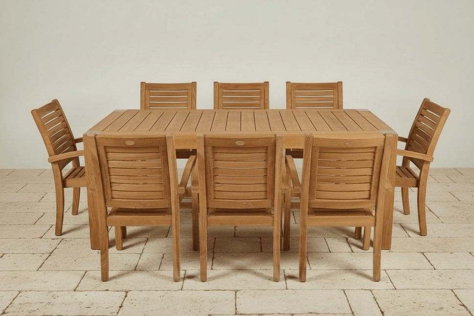 9pc Teak Outdoor Dining Set – Bromo 78" Farm Table & 8 Jakarta Stacking Chairs | Seats 8