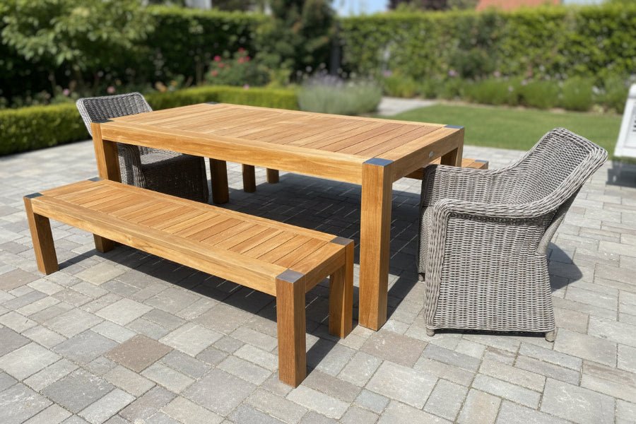 Teak & Wicker Outdoor Dining Set with Benches – Bromo Farm Table & Monaco Chairs | Seats 6–8