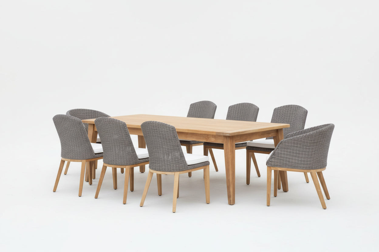 9pc Mid-Century Teak Table Set -Piedra Table and Grace Chairs