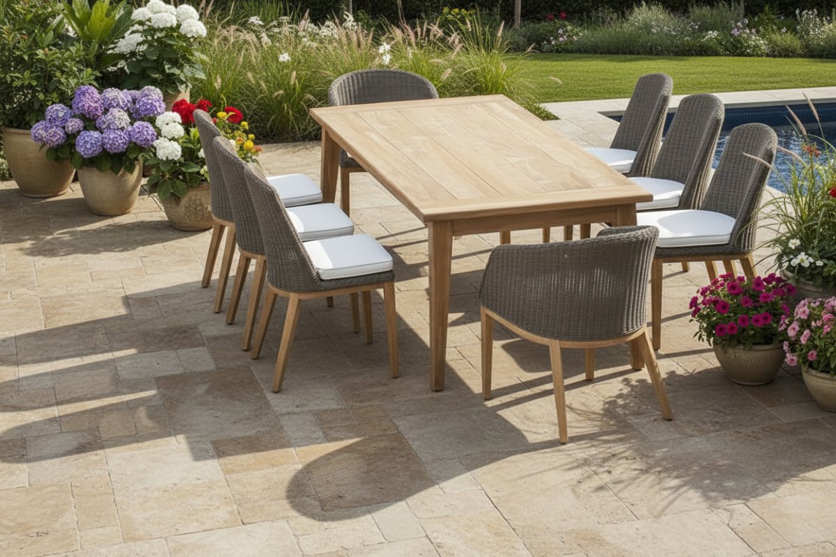 9-Piece Mid-Century Teak Dining Set - Piedra Table & Grace Wicker Teak Chairs