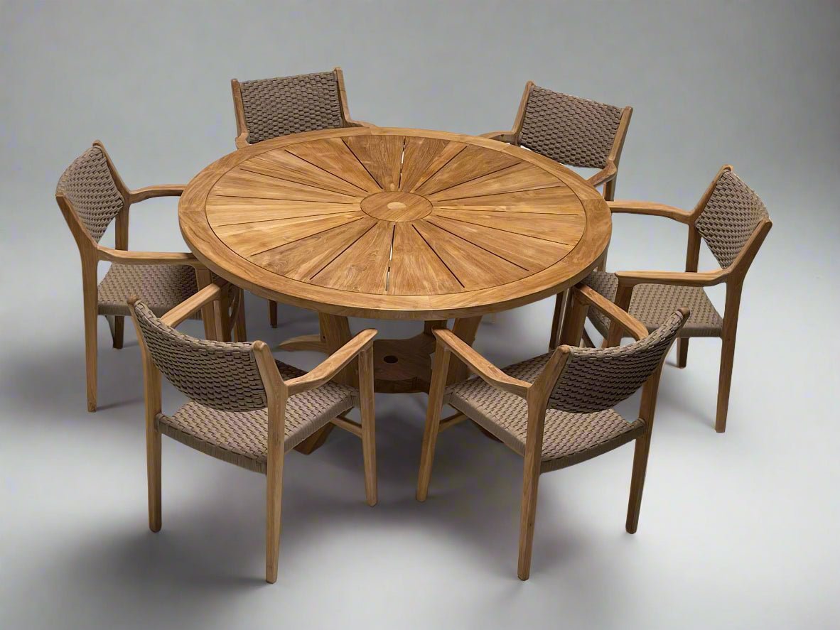 7 Pc Solid Teak Outdoor Round Dining Set – Helios Table with Odyssey Stacking Chairs