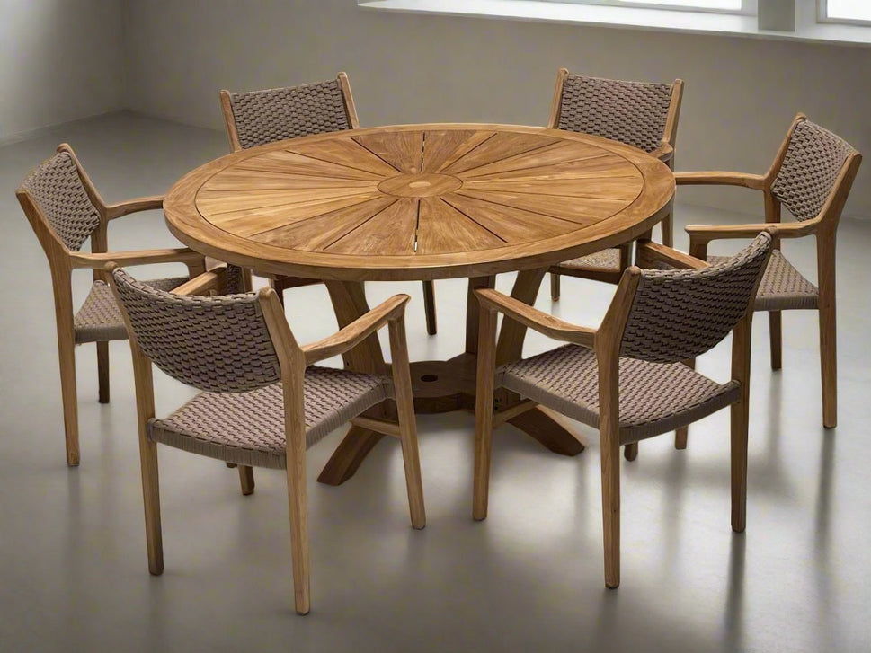 7 Pc Solid Teak Outdoor Round Dining Set – Helios Table with Odyssey Stacking Chairs