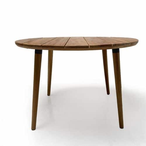 5 Pc Mid-Century Teak Patio Dining Set – Lara Round Table & Odyssey Stacking Arm Chairs | Seats 4