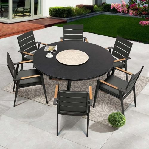 7 Pc Aluminum Outdoor Round Dining Set – Aarhus Table & Keto Chairs