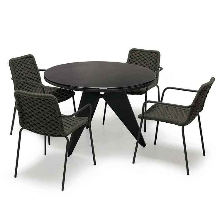 5 Pc Outdoor Dining Set – Bree Round Table & Apex Rope Stacking Arm Chairs