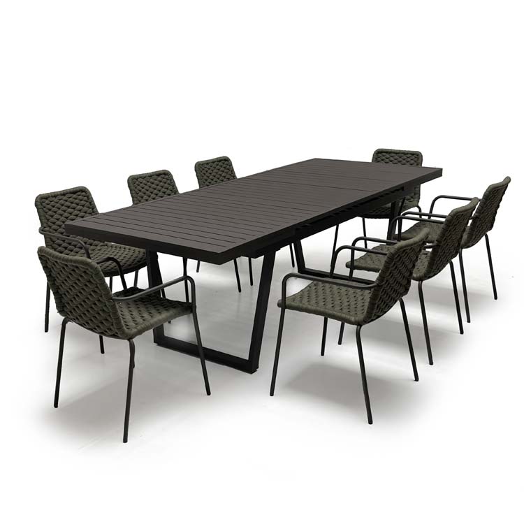 9 Pc Aluminum Patio Dining Set – Raven Table & Apex Stacking Arm Chairs
