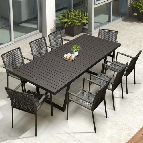 9 Pc Aluminum Outdoor Dining Set Raven table with Ruby stacking chair
