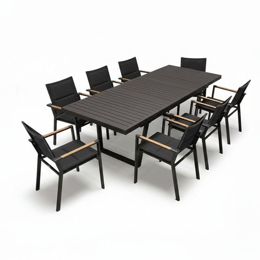 9 Pc Aluminum Outdoor Dining Set – Raven Table & Summit Stacking Arm Chairs