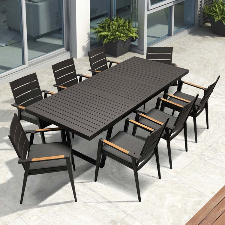 9 Pc Aluminum Patio Dining Set – Raven Extension Table & Keto Stacking Chairs | Seats 8