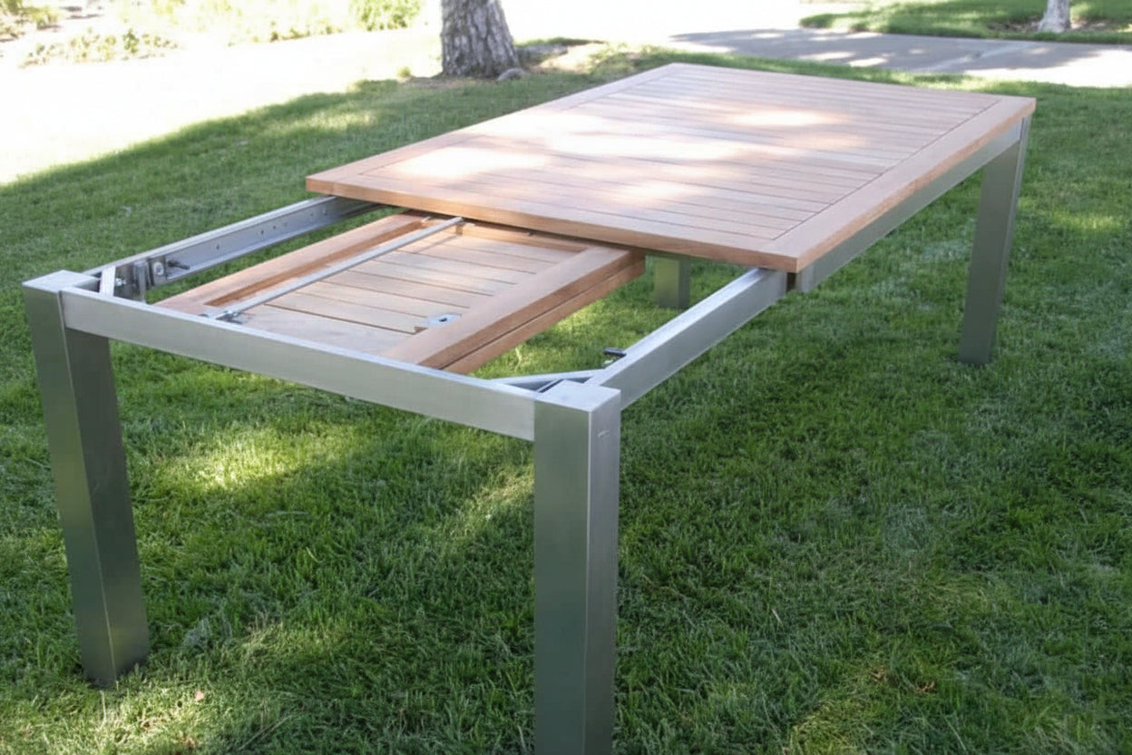 11 Pc Stainless Steel Teak Dining Extension Table Signature & Alzetta Chairs