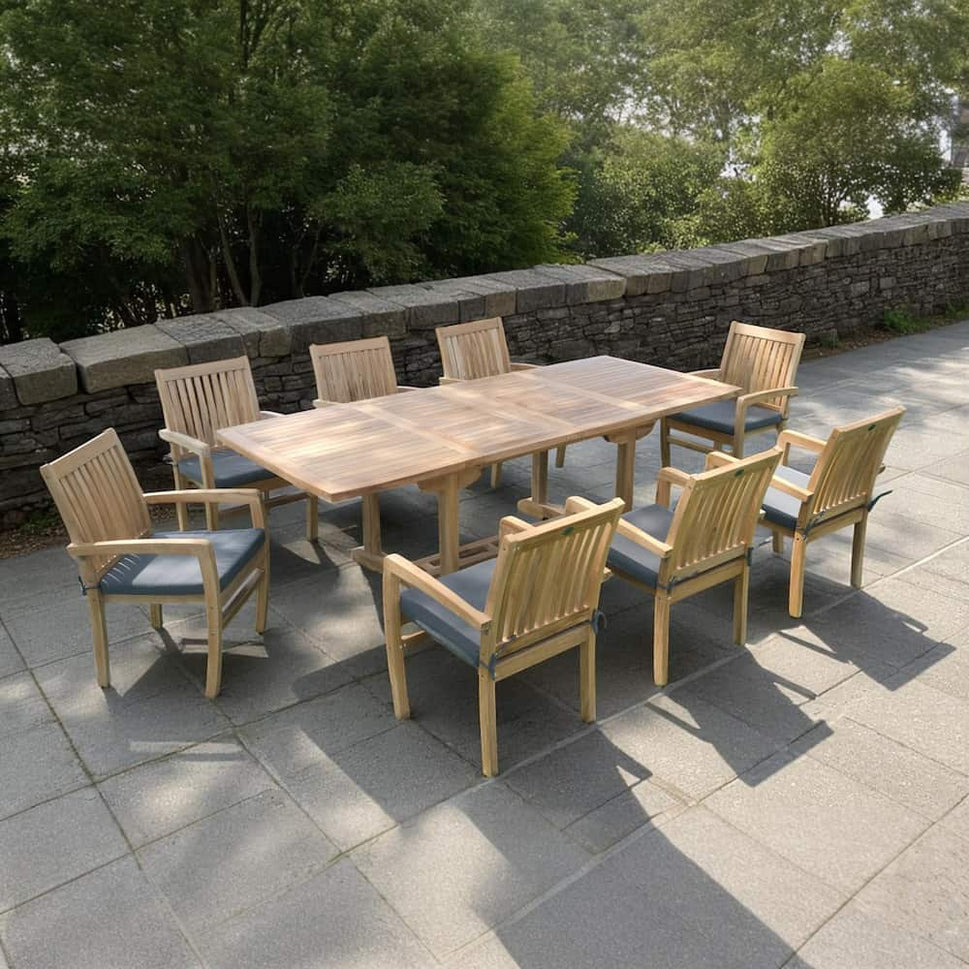 9pc Teak Outdoor Rectangular Double Extension Dining Set - Rise table and Pari stacking chairs