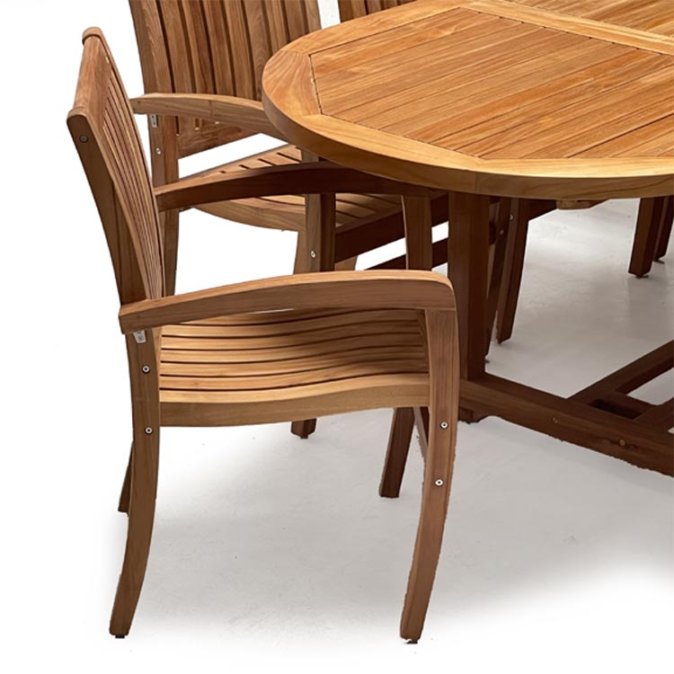 Teak Outdoor Elliptical Extension Dining Set Rise table and 8 Chamber stacking chairs