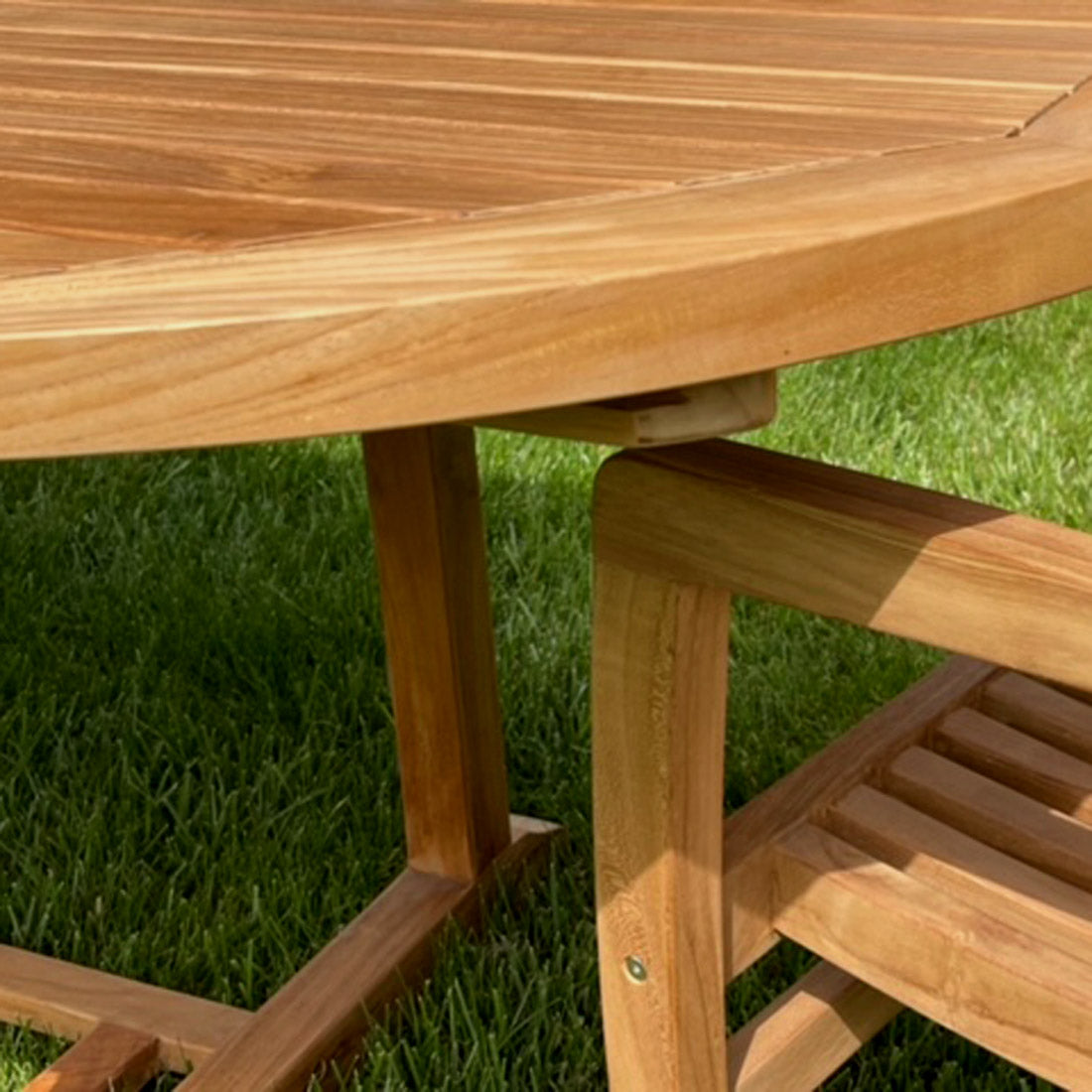 Teak Outdoor Elliptical Extension Dining Set Rise table and 8 Chamber stacking chairs