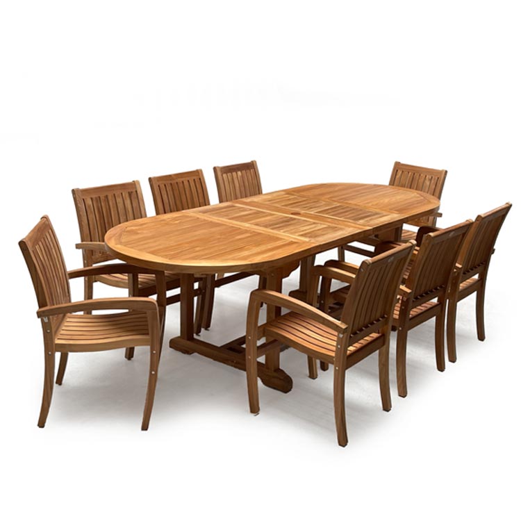 Teak Outdoor Elliptical Extension Dining Set Rise table and 8 Chamber stacking chairs