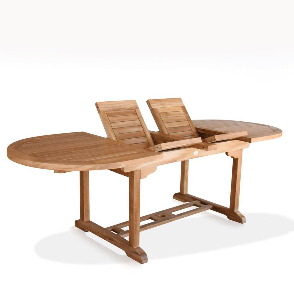 McGill Teak 7pc Patio Dining Table Set | Rise Teak Oval Table with Tuscany Stacking Chairs