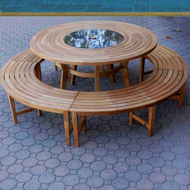 8 Seated Round Teak Granite Table With Circular Round Bench