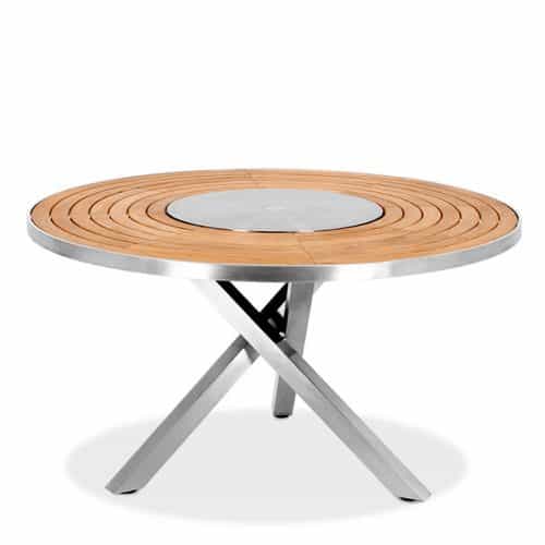 7 Pc Stainless Steel Teak Round Table dining set Signature and Alzette Stacking Chairs