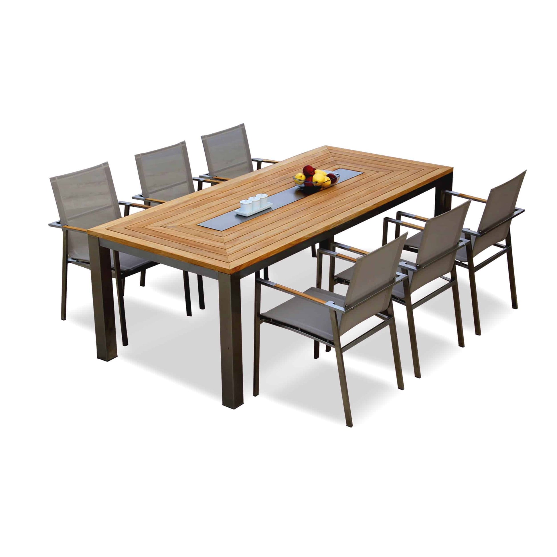 9 pc Teak Steel Dining Set Signature with Batyline Stacking Chairs