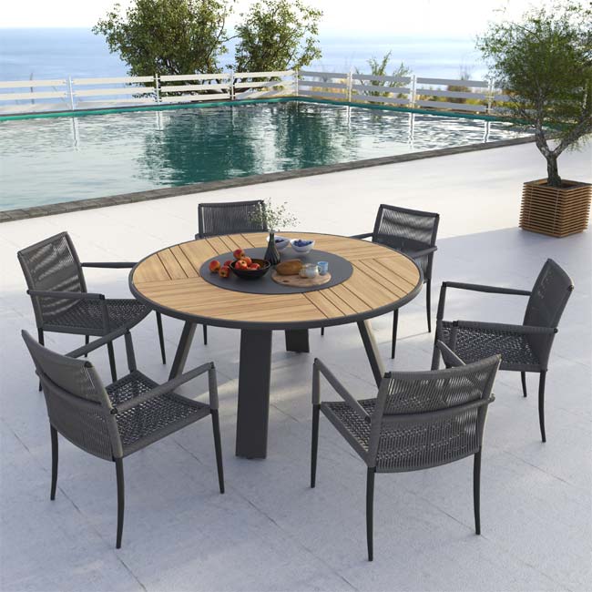 Teak Aluminum Outdoor Round Dining Set- Bold with June stacking chairs