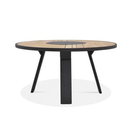 Teak Aluminum Outdoor Round Dining Set- Bold with Keto stacking chairs