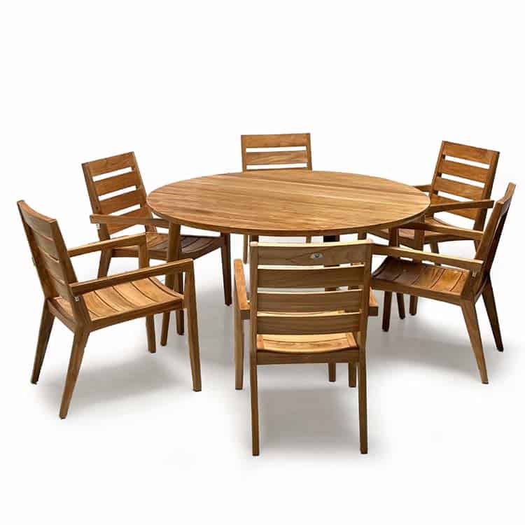 7 pc Outdoor Teak Round dining set - Lara with Olga stacking chairs