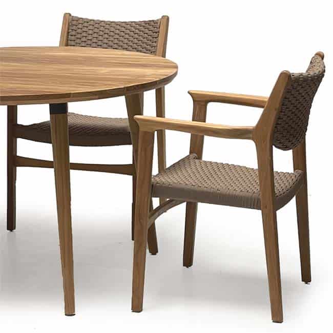 5 Pc Mid-Century Teak Patio Dining Set – Lara Round Table & Odyssey Stacking Arm Chairs | Seats 4