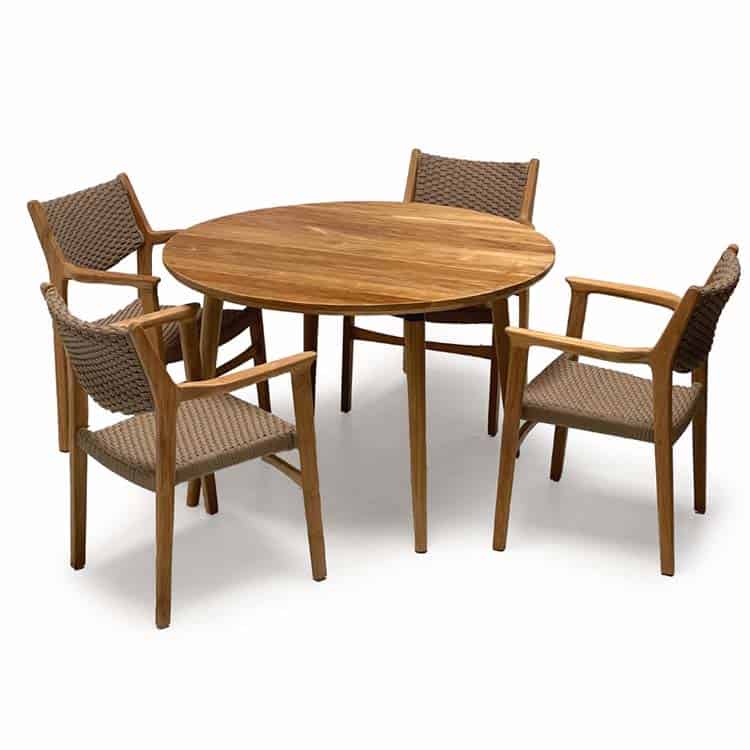 5 Pc Mid-Century Teak Patio Dining Set – Lara Round Table & Odyssey Stacking Arm Chairs | Seats 4