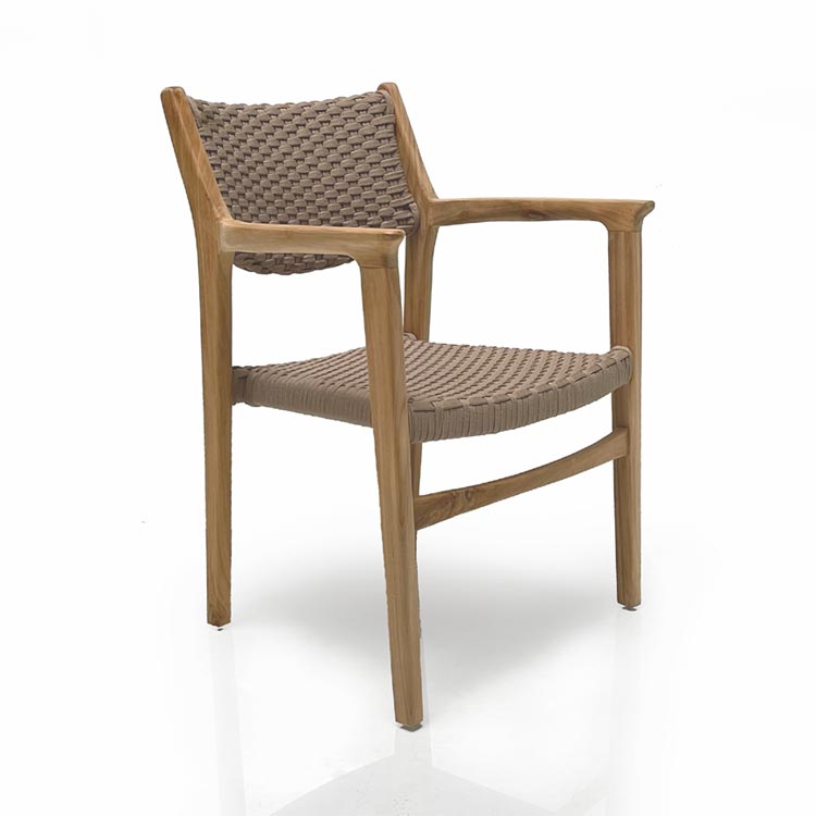 5 Pc Mid-Century Teak Patio Dining Set – Lara Round Table & Odyssey Stacking Arm Chairs | Seats 4