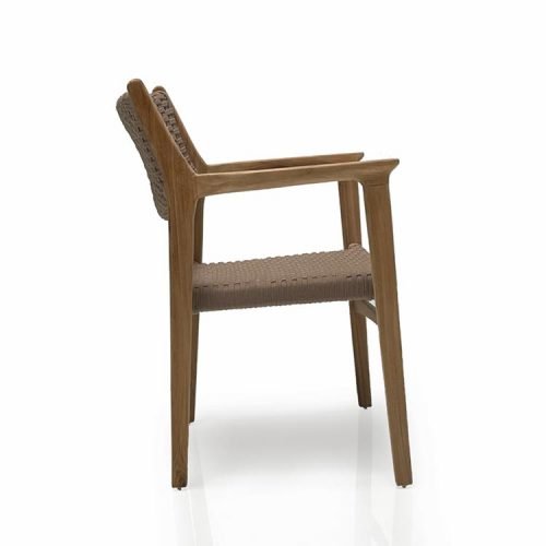 5 Pc Mid-Century Teak Patio Dining Set – Lara Round Table & Odyssey Stacking Arm Chairs | Seats 4