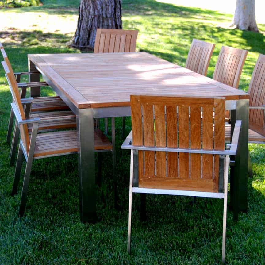 9 Pc Stainless Steel Teak Dining Extension Table Signature & Alzetta Chairs