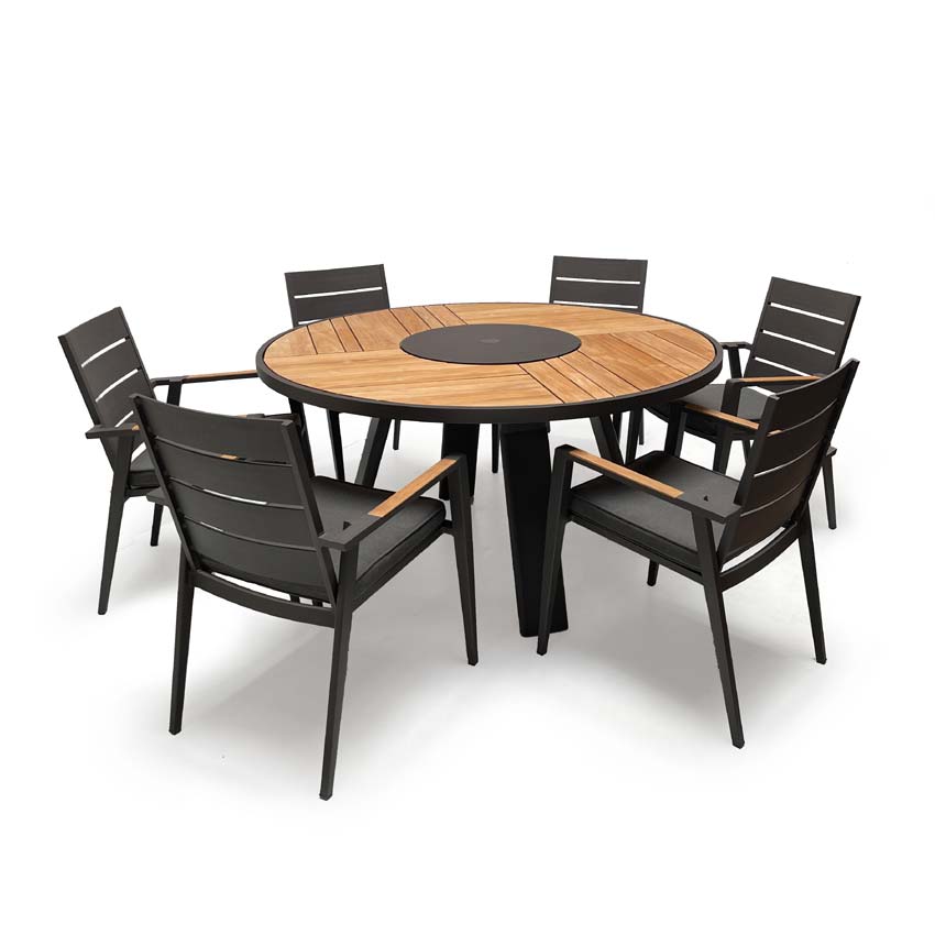Teak Aluminum Outdoor Round Dining Set- Bold with Keto stacking chairs