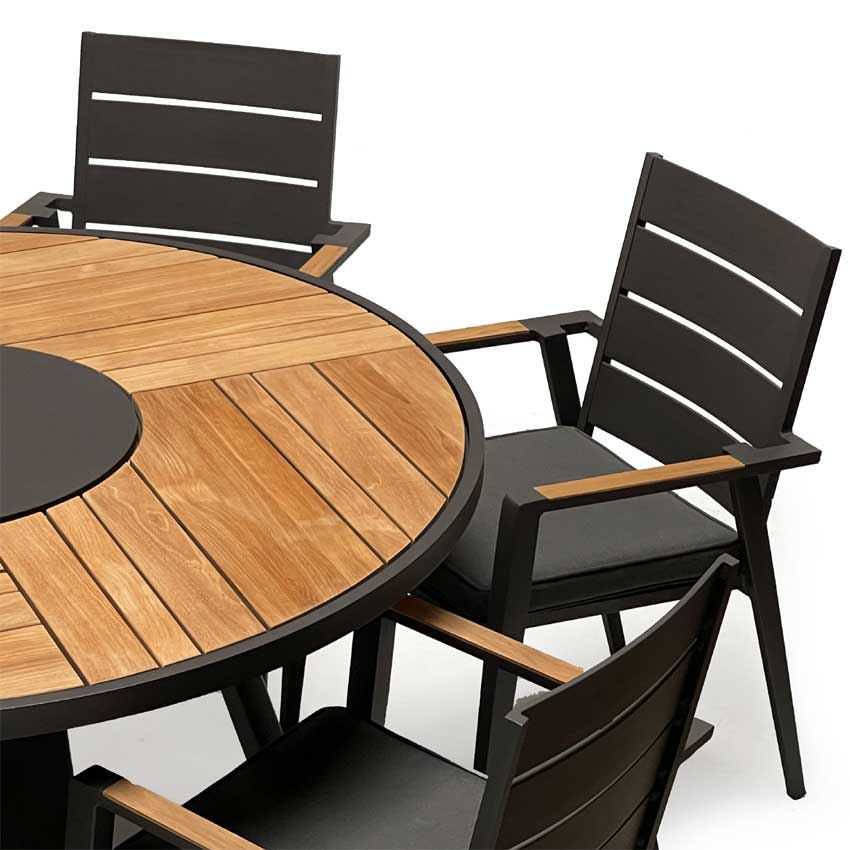Teak Aluminum Outdoor Round Dining Set- Bold with Keto stacking chairs