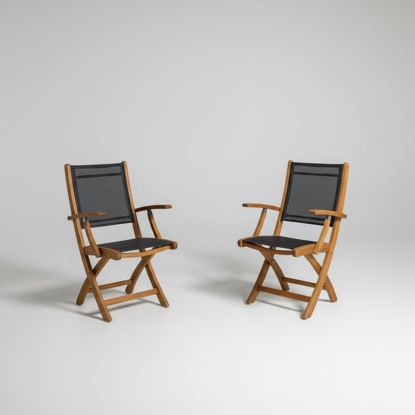 Outdoor Teak Dining Set -Bromo Farm table with folding Batyline Sling chairs