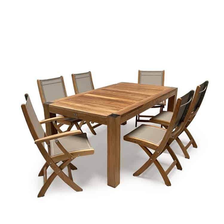 Outdoor Teak Dining Set -Bromo Farm table with folding Batyline Sling chairs