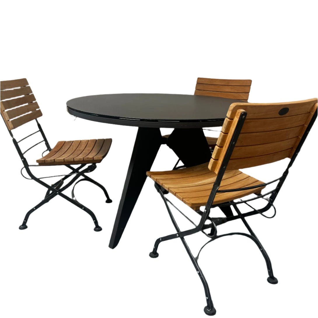 4 Pc Teak Round Outdoor Dining Set – Bree Table & Amber Folding Chairs | Warehouse Clearance
