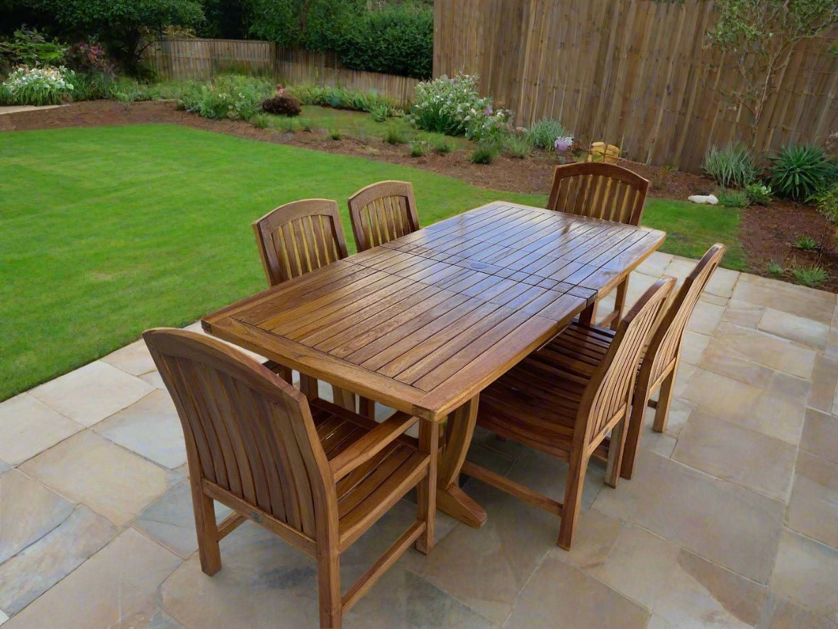 7 Pc Teak Patio Dining Set – Aegean Extension Table & Zaire Arm & Side Chairs | Seats 6