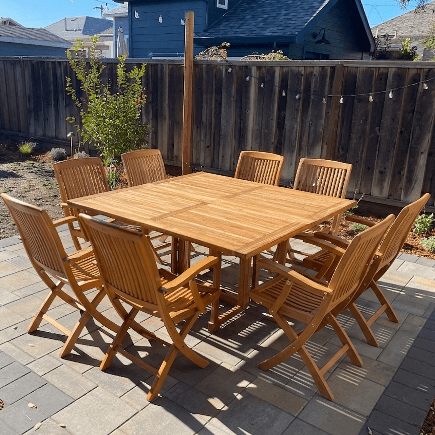 9-Piece Teak Square Folding Dining Set – Mardel Table & 8 Blaze Arm Chairs