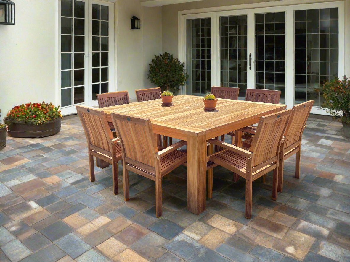 9 Pc Teak Outdoor Square Dining Set – Cornwal 69" Table & Tenafly Stacking Chairs | Seats 8