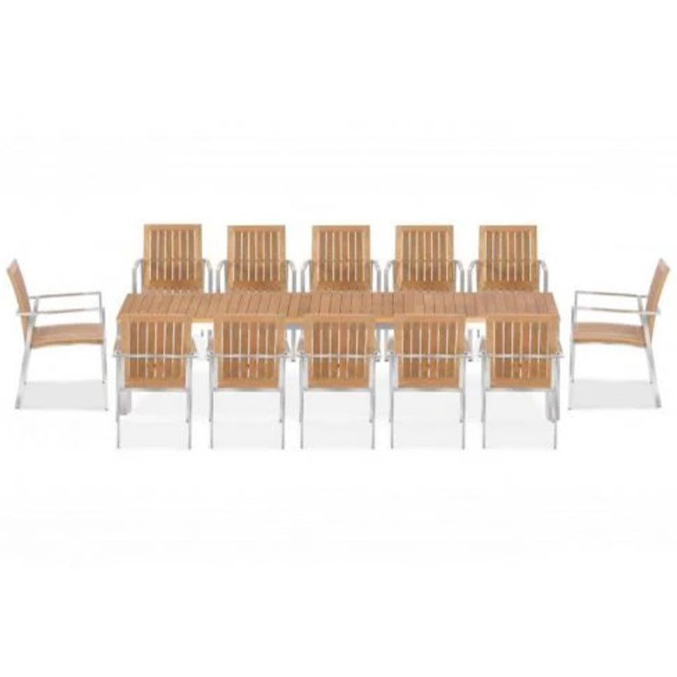 11 Pc Stainless Steel Teak Dining Extension Table Signature & Alzetta Chairs