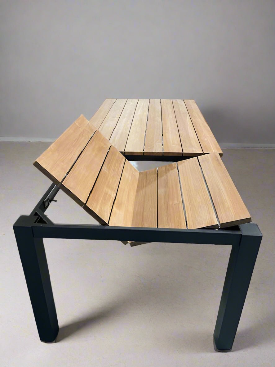 11pc Premium Teak Aluminum Frontslide Extensions Dining Set with stacking chairs- Piedra Keto