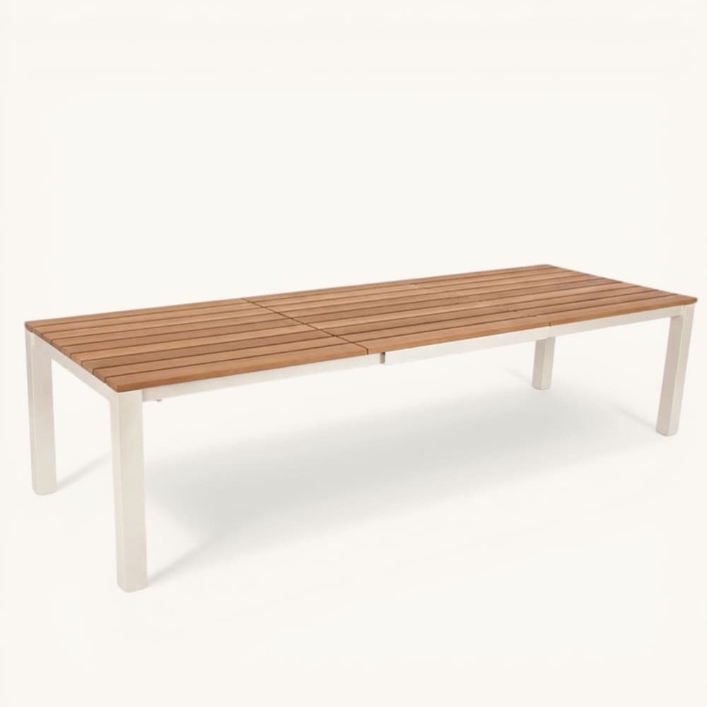 Teak & White Powder-Coated Aluminum Outdoor Dining Set 10-12 Seater – Frontslide Extension Table with Wee Rope Arm Chairs