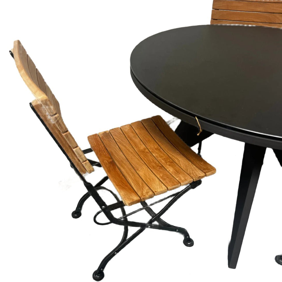 4 Pc Teak Round Outdoor Dining Set – Bree Table & Amber Folding Chairs | Warehouse Clearance